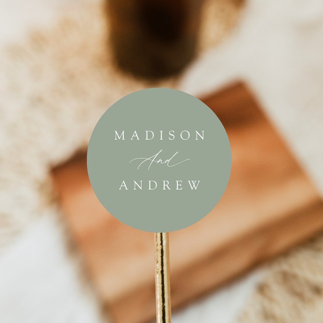 Elegant Calligraphy Sage Green Wedding Classic Round Sticker (Creator Uploaded)