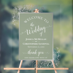 Elegant Calligraphy Sage & Silver Wedding Welcome Acrylic Sign
