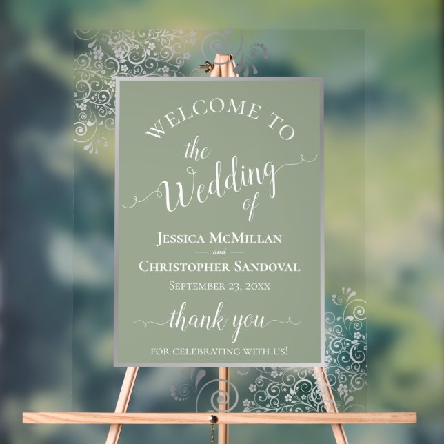 Elegant Calligraphy Sage & Silver Wedding Welcome Acrylic Sign (Neutral)