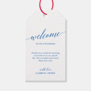Elegant Calligraphy Santorini Blue Wedding Welcome Gift Tags