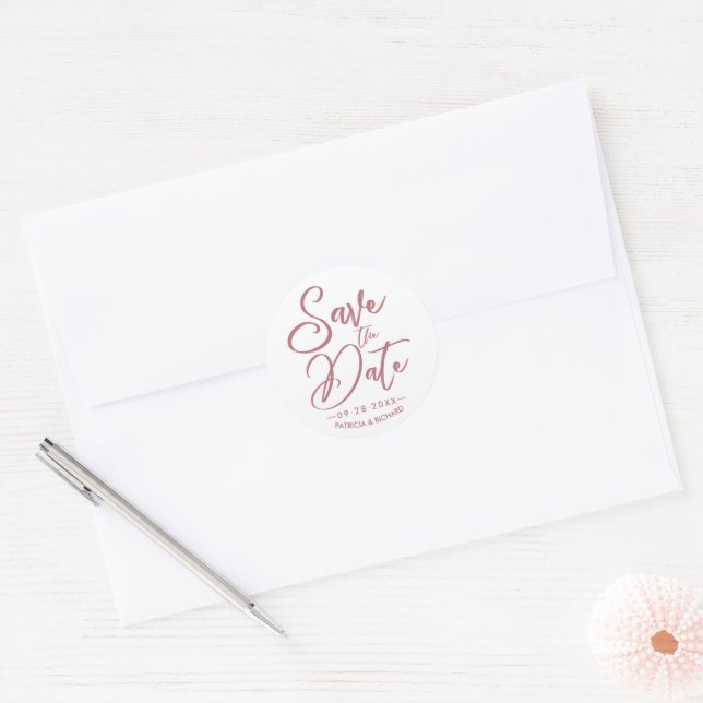 Elegant Calligraphy Save The Date Rose Gold Classic Round Sticker (Envelope)