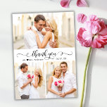 Elegant Calligraphy Script 3 Photo Collage Wedding Thank You Card<br><div class="desc">Modern Elegant Chic Calligraphy 3 Photo Collage Wedding Thank You Card. Stylish wedding thank you card template featuring three (3) photo on the front and one (1) photo on the back side. With "thank you" text in a swirly hand lettered calligraphy or typography swash tail font script in black on...</div>