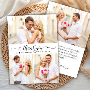 Elegant Calligraphy Script 3 Photo Collage Wedding Thank You Card