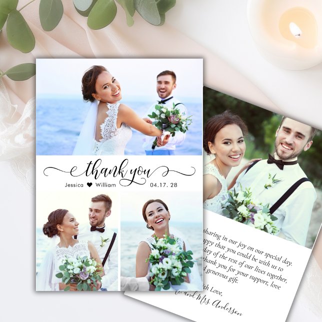 Elegant Calligraphy Script 3 Photo Collage Wedding Thank You Card (Creator Uploaded)