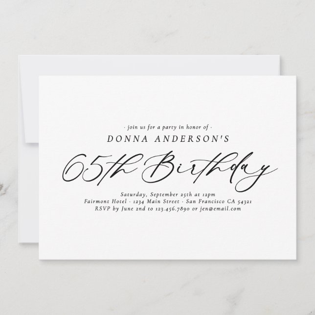 Elegant Calligraphy Script 65th Birthday Party  Invitation (Front)