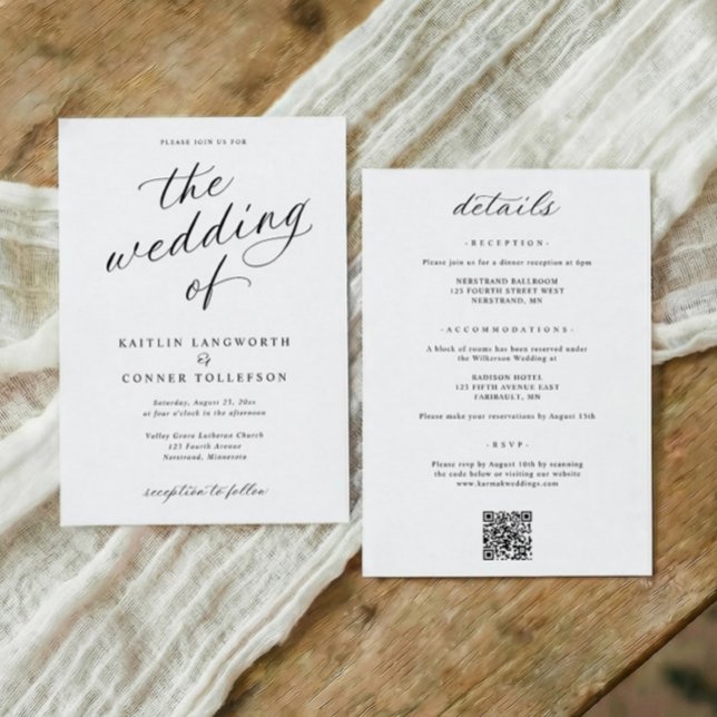 Elegant Calligraphy Script All in One Wedding Invitation (Modern black and white wedding invitations with elegant calligraphy and classic script)