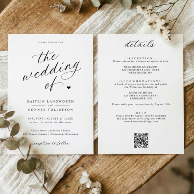 Elegant Calligraphy Script All in One Wedding Invitation (Elegant script all in one wedding invitations with details and qr code on back.)