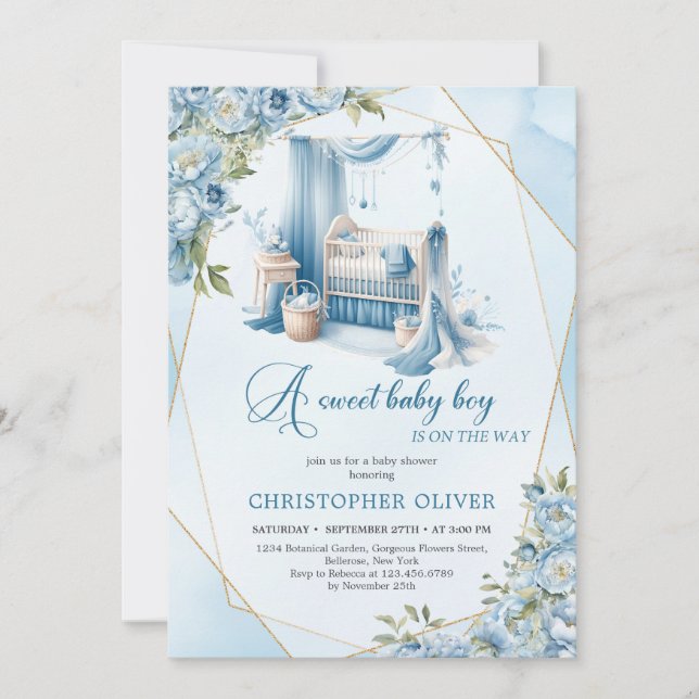 Elegant calligraphy script baby crib floral boy invitation (Front)