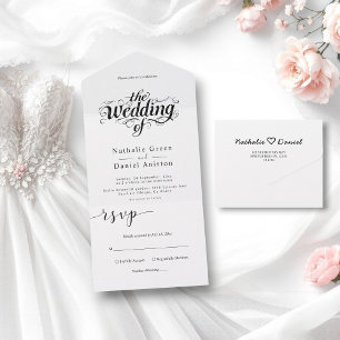 Elegant Calligraphy Script Black and White Wedding All In One Invitation