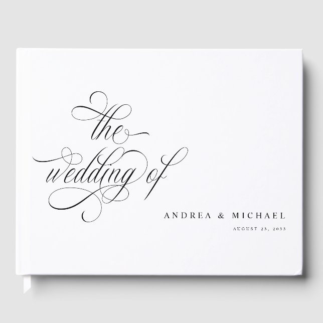 Elegant Calligraphy Script Black and White Wedding Guest Book (Front)