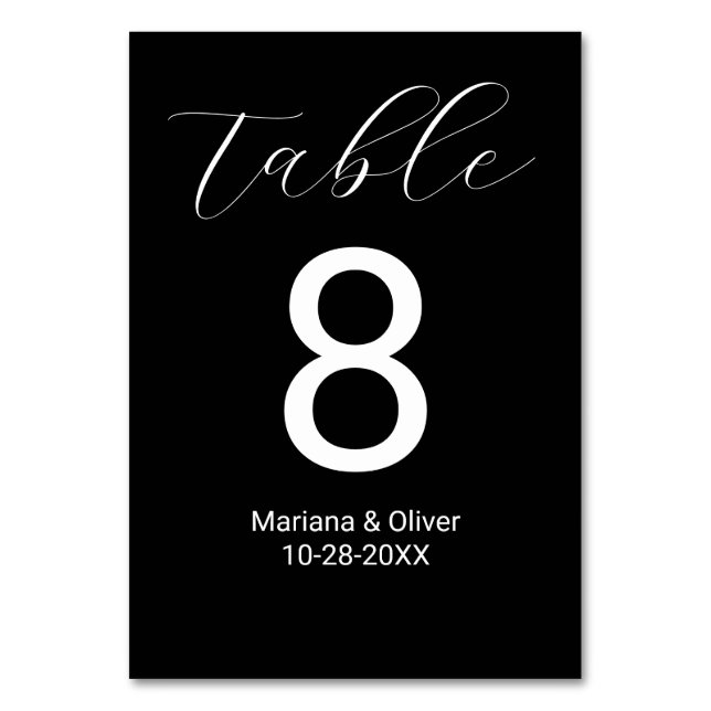 Elegant Calligraphy Script Black and White Wedding Table Number (Front)