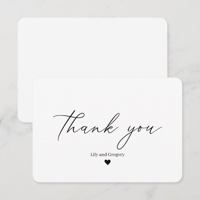 Elegant Calligraphy Script Black White Heart Thank You Card (Front/Back)
