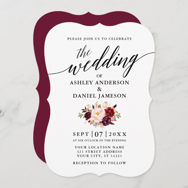 Elegant Calligraphy Script Burgundy Floral Wedding Invitation (Front/Back)