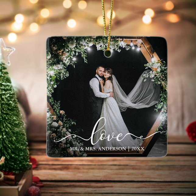 Elegant Calligraphy Script Couple Photo Love Ceramic Ornament (Customize with your names, year and photos.)