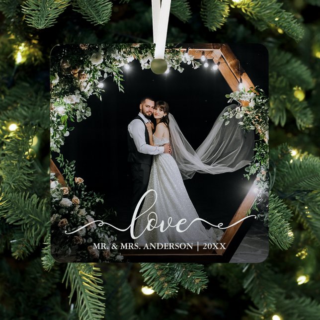Elegant Calligraphy Script Couple Photo Love Metal Tree Decoration (Customize with your names, year and photos.)