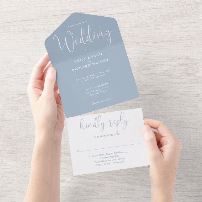 Elegant Calligraphy Script Dusty Blue Wedding All In One Invitation (Tearaway)