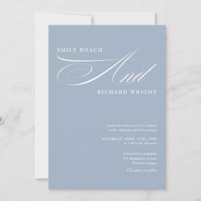 Elegant Calligraphy Script Dusty Blue Wedding Invitation (Front)