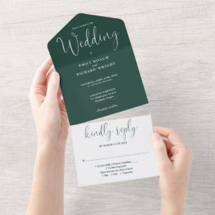 Elegant Calligraphy Script Emerald Green Wedding All In One Invitation