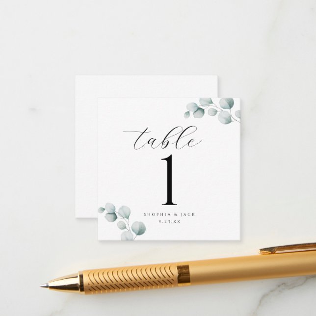Elegant Calligraphy Script Eucalyptus table number (Front/Back In Situ)