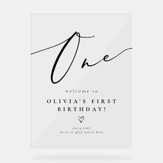 Elegant Calligraphy Script First Birthday Welcome Acrylic Sign (Front)