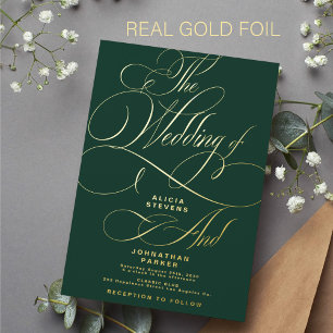 Elegant calligraphy script gold dark green wedding