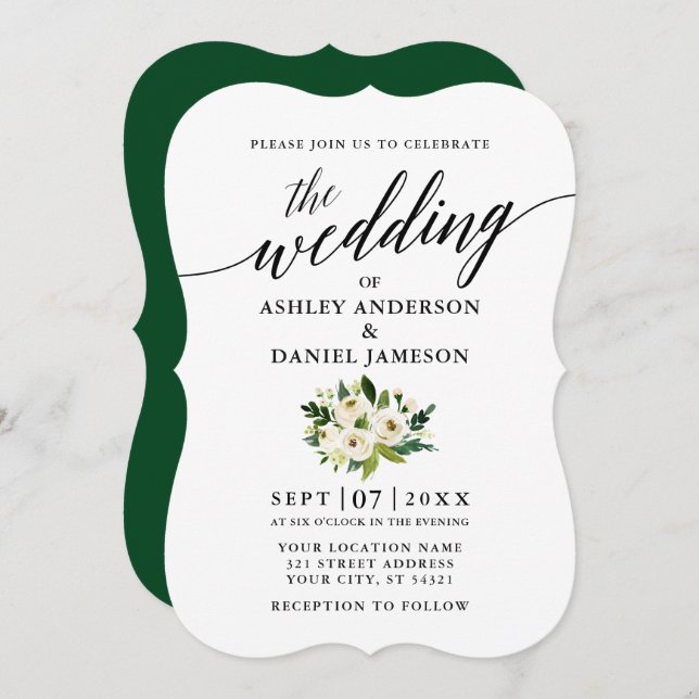 Elegant Calligraphy Script Green Floral Wedding Invitation (Front/Back)
