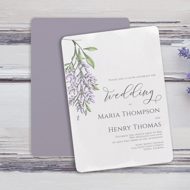 Elegant Calligraphy Script Lavender Wedding Invitation (Watercolor elegant Spring wisteria flower vine wedding invitation. )