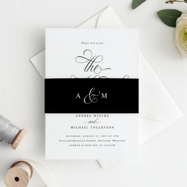 Elegant Calligraphy Script Luxury Wedding Black Invitation Belly Band (Elegant Wedding Invitation Belly Band - Black and White Luxury Wedding Glam Classy Wedding)