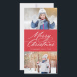 Elegant Calligraphy Script Merry Christmas 2 Photo Holiday Card<br><div class="desc">This stylish and modern Christmas photo card features elegant modern calligraphy script with two of your photos. The reverse has a falling snow pattern on red. Be sure to visit the shop to see more stylish and elegant holiday cards like this!</div>