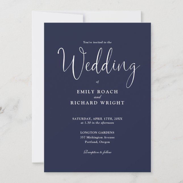 Elegant Calligraphy Script Navy Blue Wedding Invitation (Front)