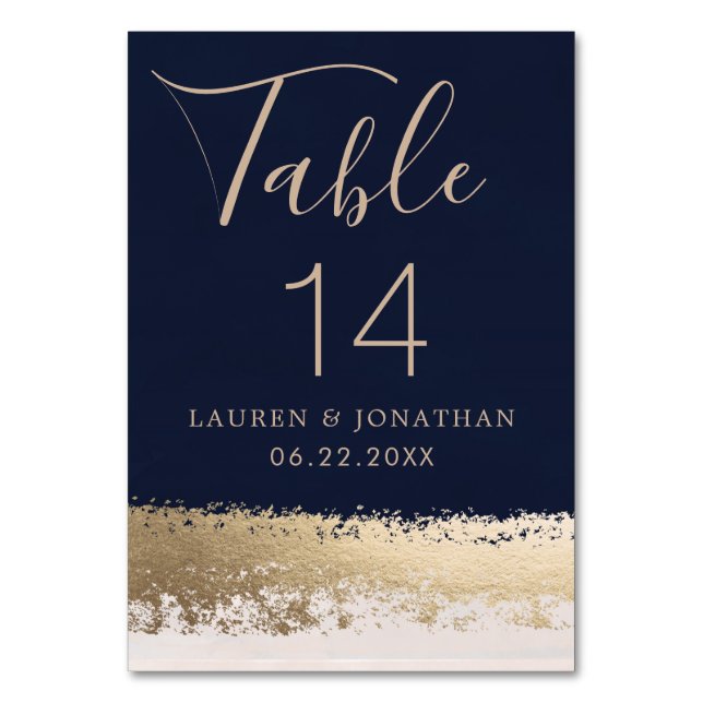 Elegant Calligraphy Script, Navy, Gold Wedding Table Number (Front)