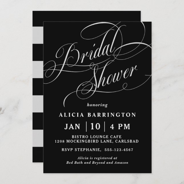 Elegant Calligraphy Script on Black Bridal Shower Invitation (Front/Back)