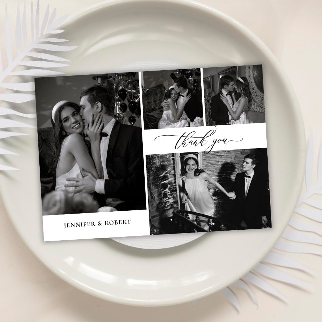 Elegant Calligraphy Script Photo Collage Wedding Thank You Card (Creator Uploaded)