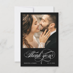 Elegant Calligraphy Script Photo Wedding Black Thank You Card