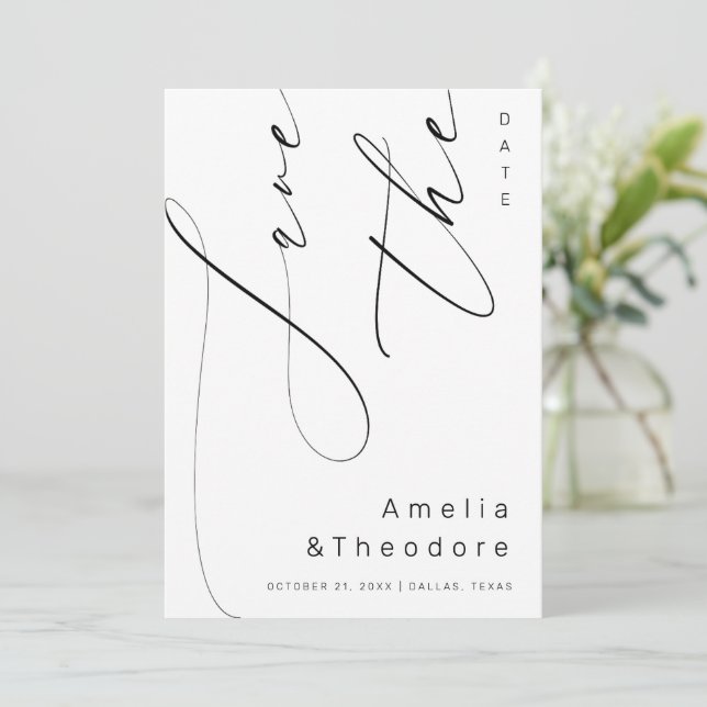 Elegant Calligraphy Script Plain White Wedding Save The Date (Standing Front)