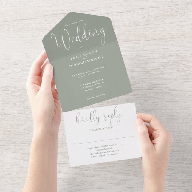 Elegant Calligraphy Script Sage Green Wedding All In One Invitation (Tearaway)