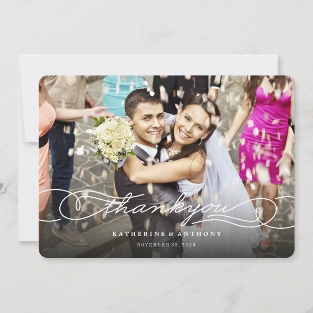 Elegant Calligraphy Script Stylish Photo Wedding Thank You Card (Front)