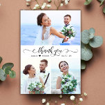 Elegant Calligraphy Script Wedding 3 Photo Collage Thank You Card<br><div class="desc">Modern, Elegant, Swirly Hand Lettered Wedding 3 Photo Collage Thank You Card. Stylish wedding thank you card template featuring three (3) photo on the front and one (1) photo on the back side. With the text "thank you" in a swirly cursive hand lettered calligraphy or typography script font in black...</div>