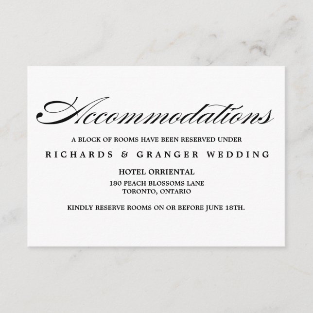 Elegant Calligraphy Script Wedding Accommodations Enclosure Card (Front)