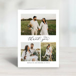 Elegant Calligraphy Script Wedding Photo Collage Thank You Card<br><div class="desc">Folded vertical wedding thank you photo cards feature elegant and stylish "Thank you" script, a monogram of the bride and groom couple's names, along with a simple collage of 3 photos on the front. Space for an additional photo and custom thank you message that can be personalised is included inside...</div>
