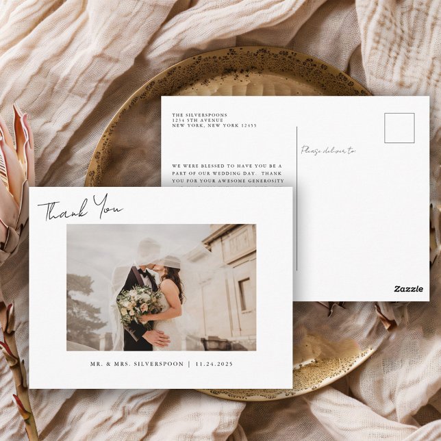 Elegant Calligraphy Script Wedding Photo Thank You Postcard (Creator Uploaded)