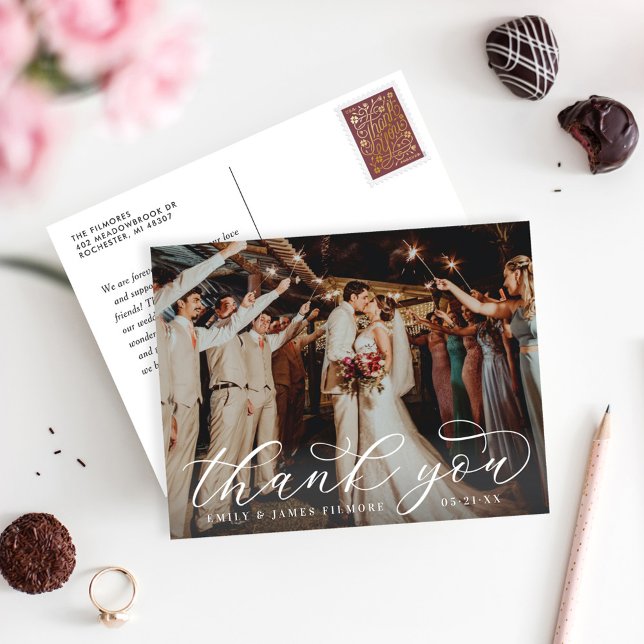 Elegant Calligraphy Script Wedding Photo Thank You Postcard (Creator Uploaded)
