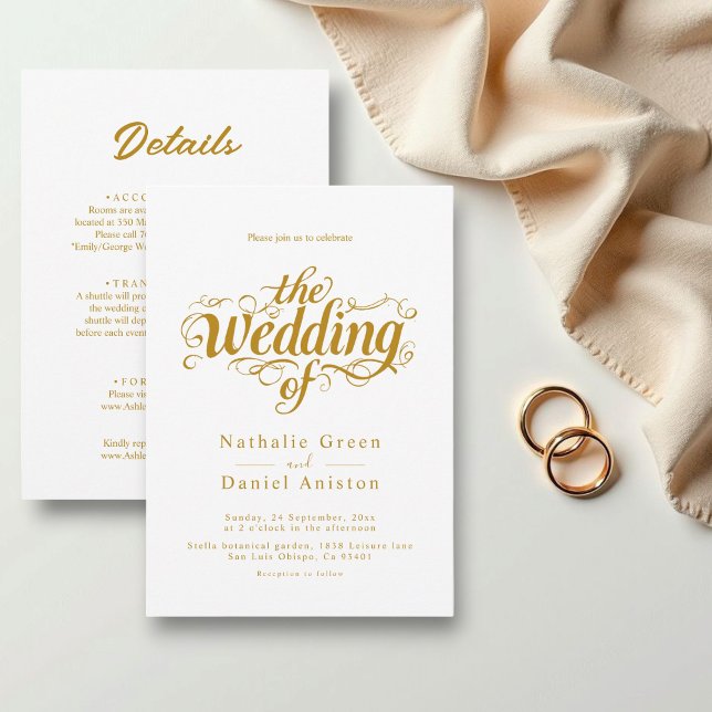 Elegant Calligraphy Script White and Gold Wedding Invitation (Creator Uploaded)