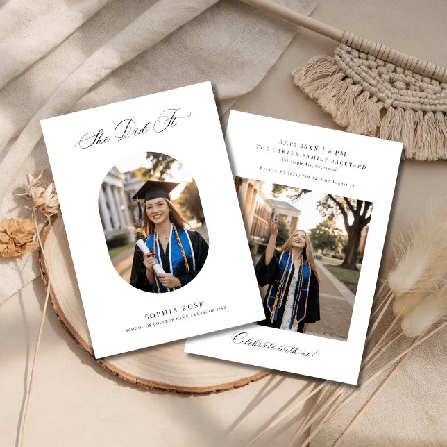 Elegant Calligraphy She Did It Graduation Photo Invitation (Creator Uploaded)