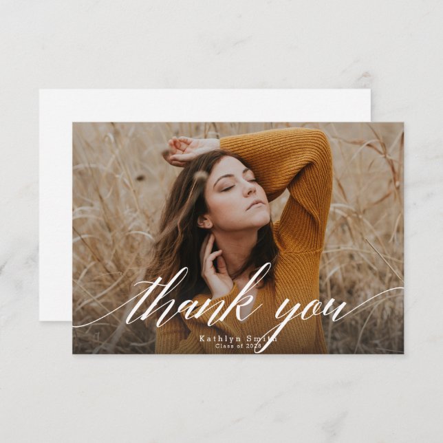 Elegant Calligraphy Simple Chic Photo Graduation Thank You Card (Front/Back)