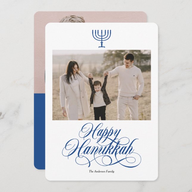 Elegant calligraphy simple Hanukkah family photo H Holiday Card (Front/Back)