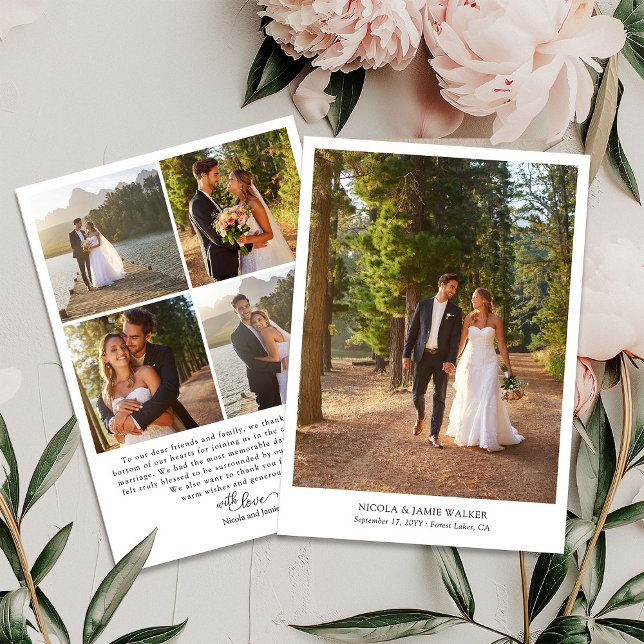 Elegant Calligraphy Simple Modern 5 Wedding Photo Thank You Card (Wedding Photo Thank You Card with elegant modern calligraphy and 5 photos)