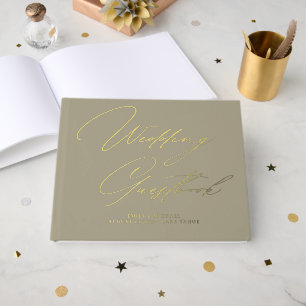 Elegant Calligraphy Taupe Gold Foil Wedding Guest Book