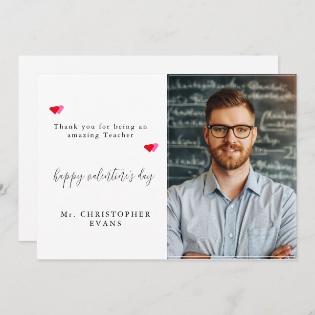 Elegant Calligraphy Teacher Valentines Day Photo Holiday Card (Front/Back)