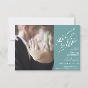 Elegant Calligraphy Teal 2 Pane Photo Wedding Save The Date